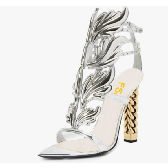 FSJ Silver Flame Gold Metal Chain Thick High Heel Sandals Open Toe Strappy Shoes - Picture 1 of 8